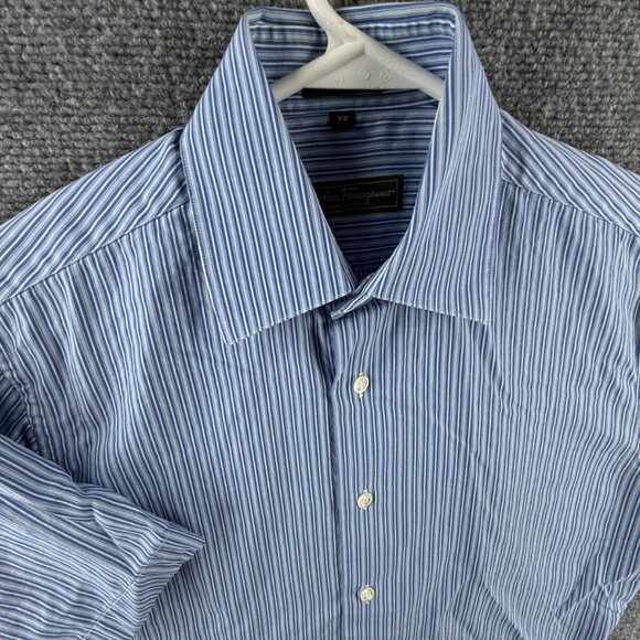 Salvatore Ferragamo XS Blue Stripe Short Sleeve Button Up Shirt Men Cotton Woven - Picture 2 of 15